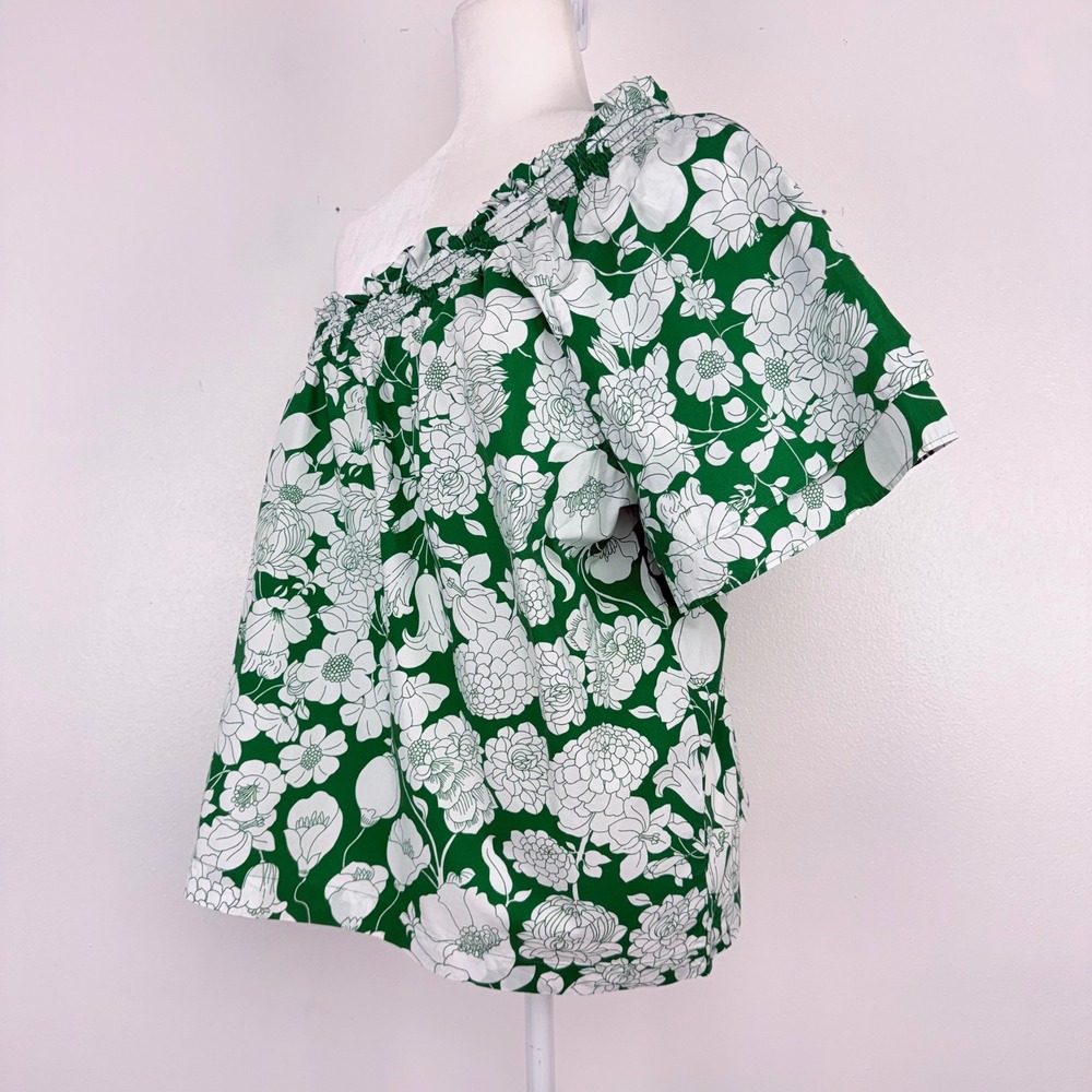 J.Crew One Shoulder Floral Top L Kelly Green Smocked Cotton Poplin Cottagecore - Picture 5 of 14